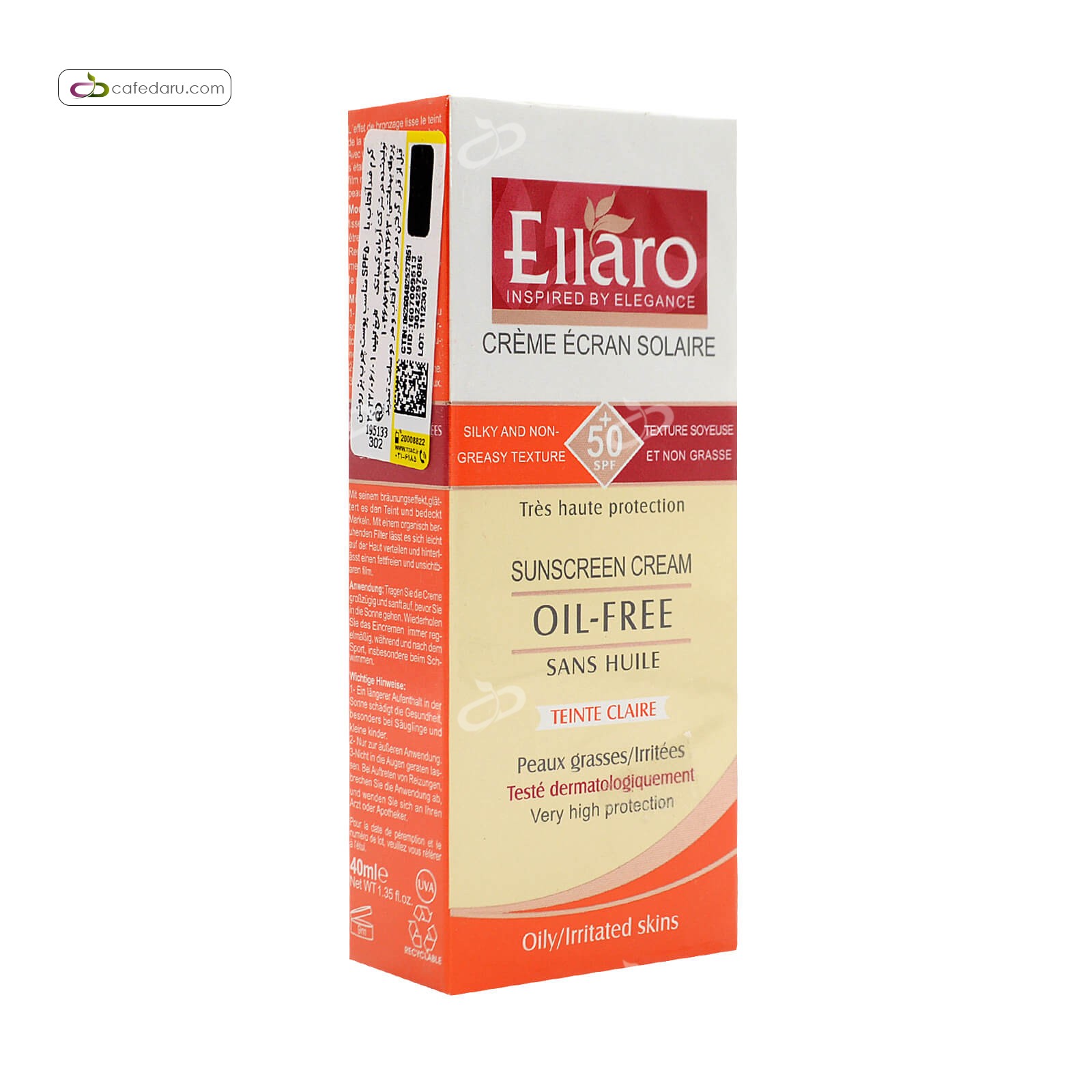 کرم ضدآفتاب SPF50 پوست چرب الارو 40 میلی لیتر بژ روشن