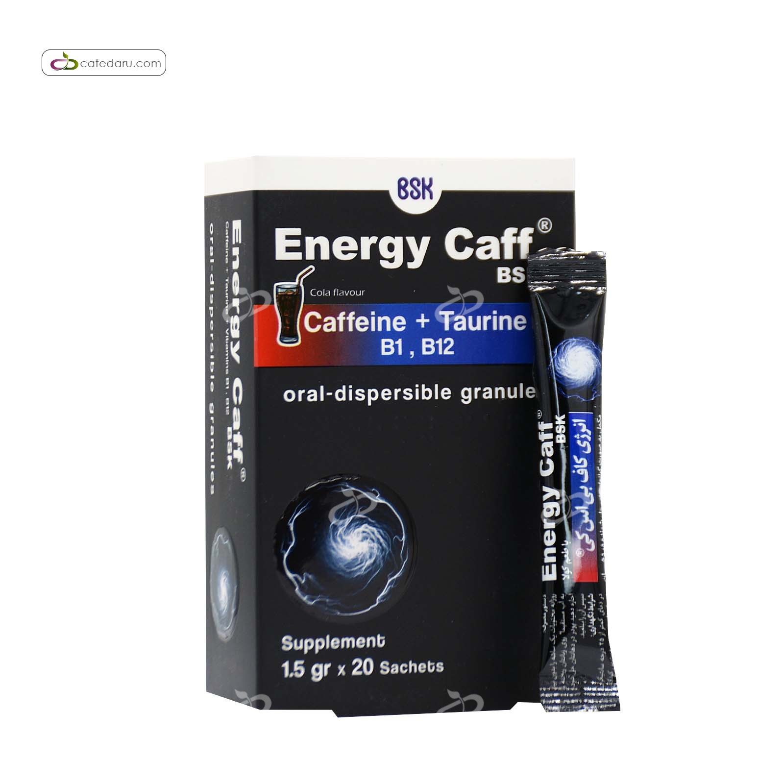 انرژی کاف (کافئین + تائورین + ب1 و ب12) بی اس کی 20 ساشه 1.5 گرمی