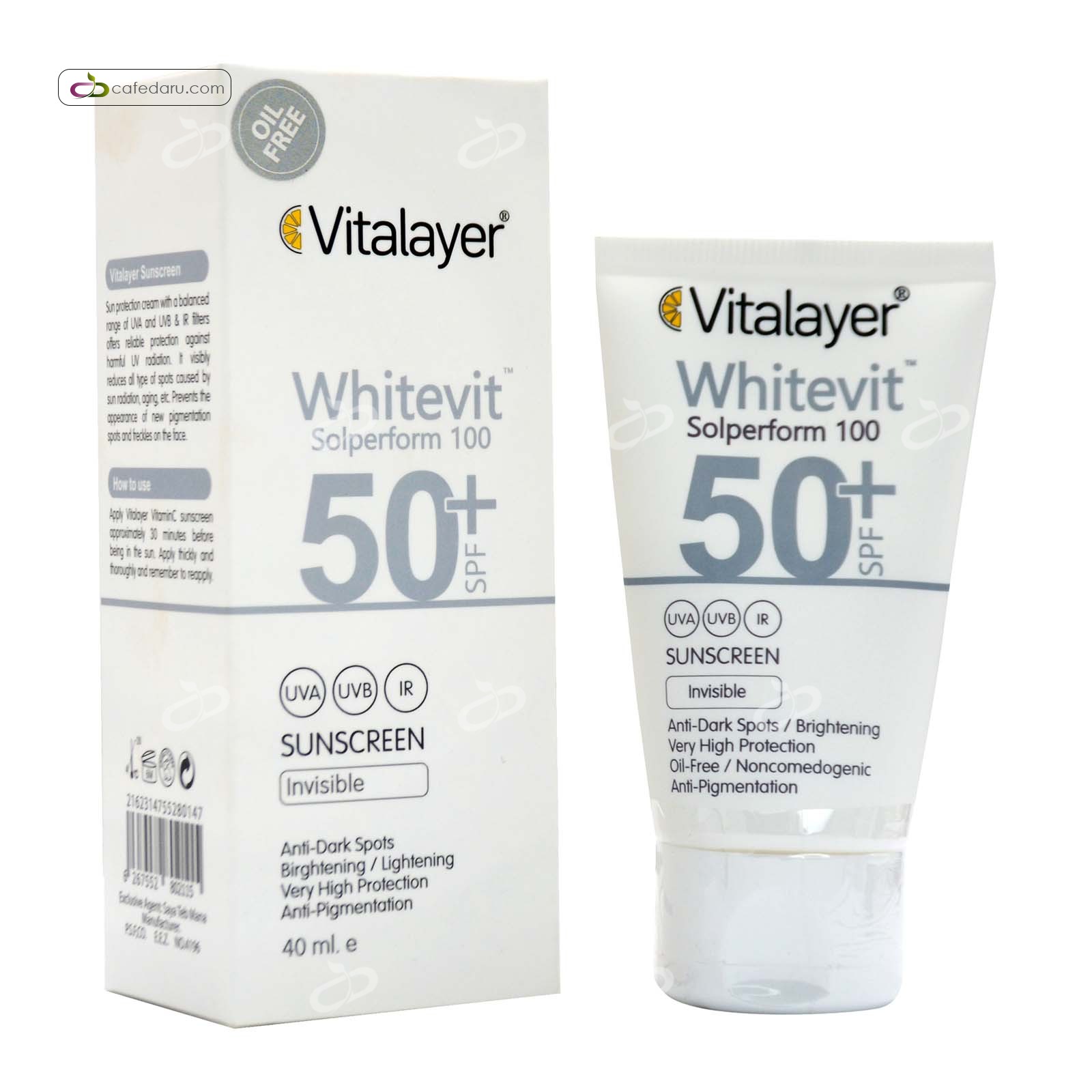 کرم ضدآفتاب SPF50 ضد لک ویتالیر 40 میلی لیتر بی رنگ