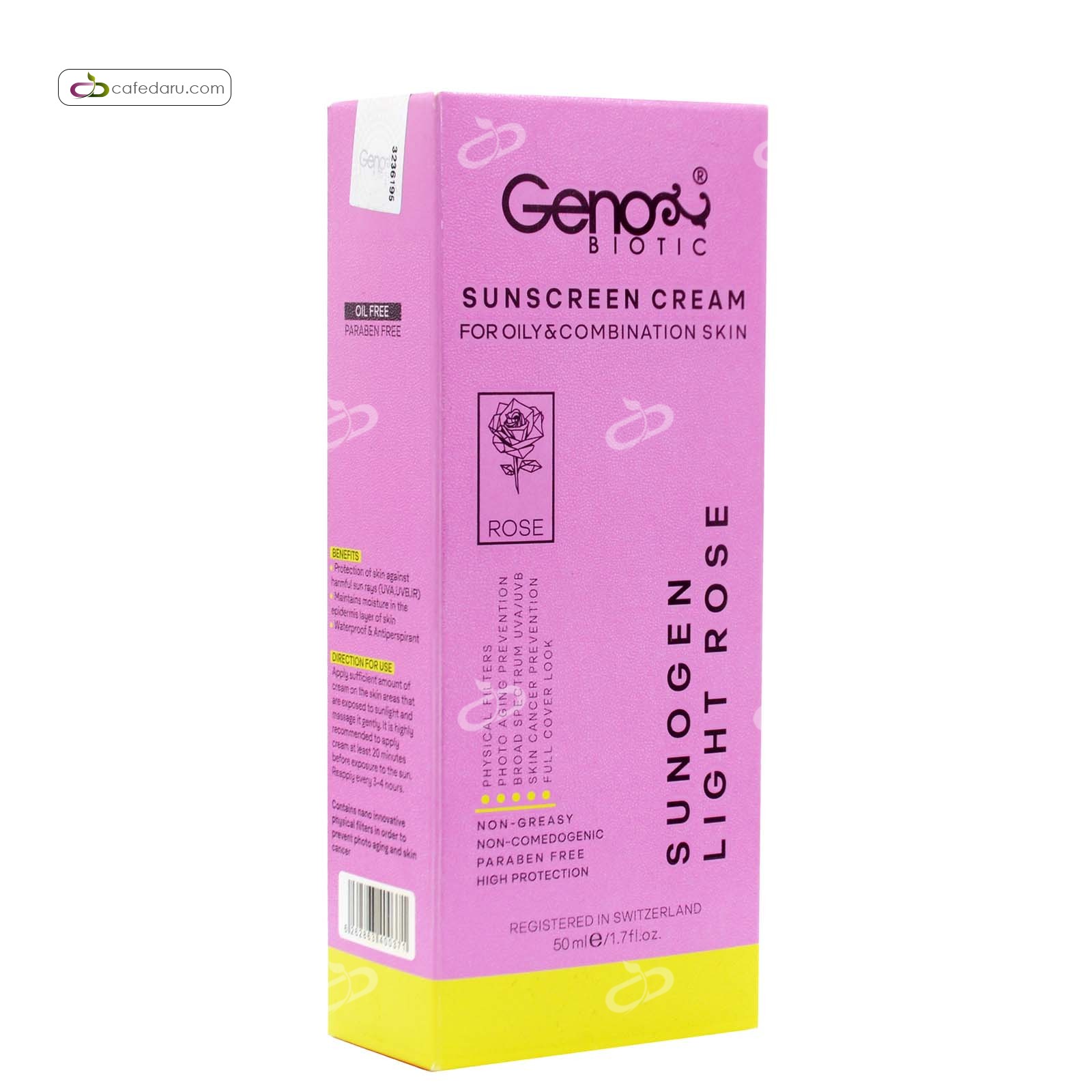 کرم ضدآفتابSPF50 پوست چرب و مختلط ژنوبایوتیک رز روشن 50 میلی لیتر