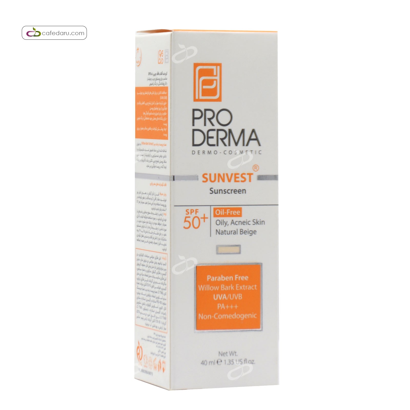 کرم ضدآفتاب رنگی فاقد چربی SPF50 مناسب پوست چرب و جوش دار پرودرما 40 میلی لیتر بژ طبیعی